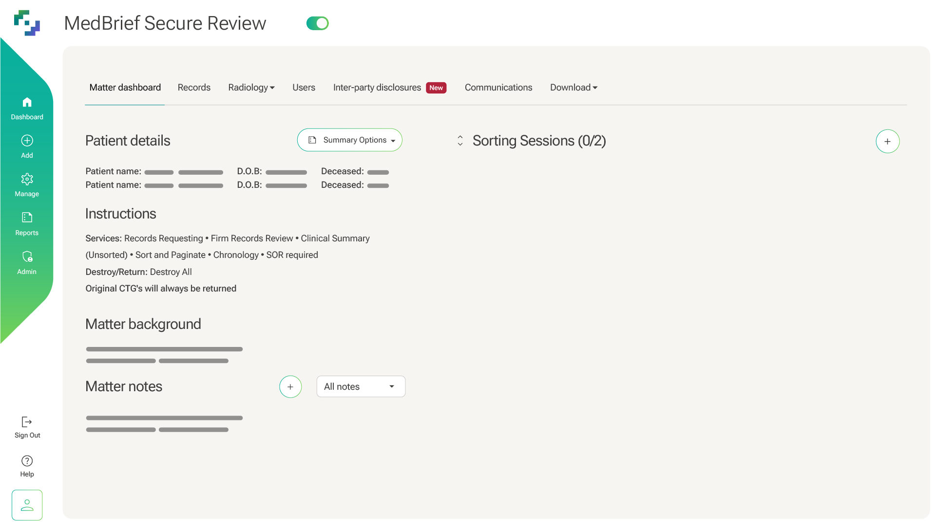 Secure Review matter dashboard